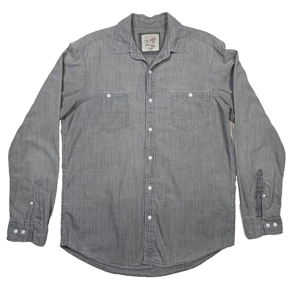Article 365 Mens 100% Cotton Broken-In Shirt, Grey Button Down, Long Sleeves, M